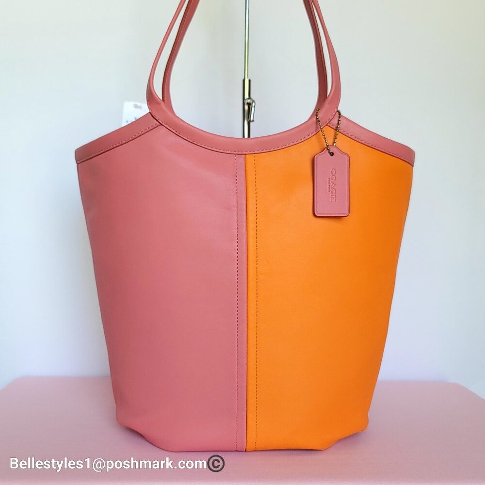 COACH Bea Colorblocked Smooth Leather Large Tote -Taffy Orange multi color ⭐